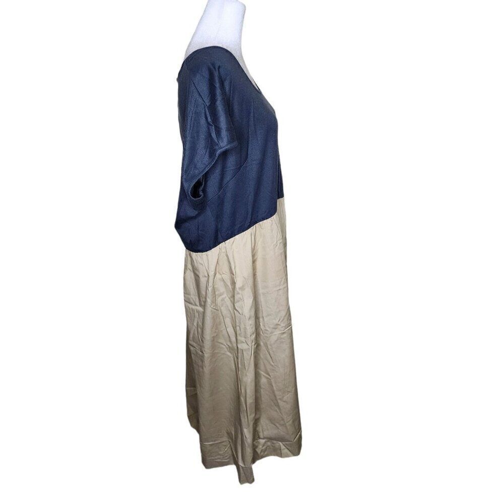 Vintage 80s Cap Sleeve Drop Waist Two Tone Dress Womens Size 2XL Khaki Black - Picture 3 of 6